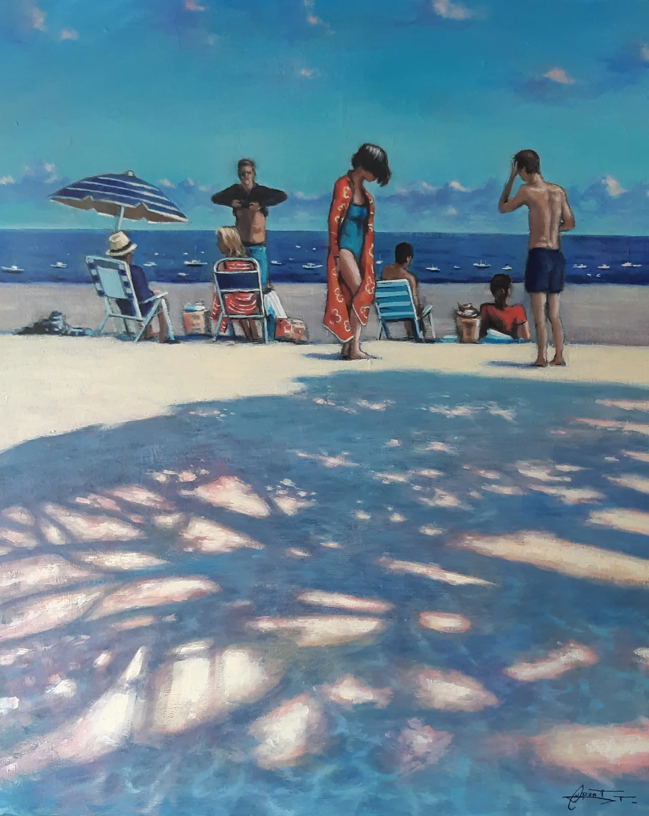 P54, peinture acrylique contemporaine, grande scène de plage peinte par Thierry Dupont en Loire-Atlantique