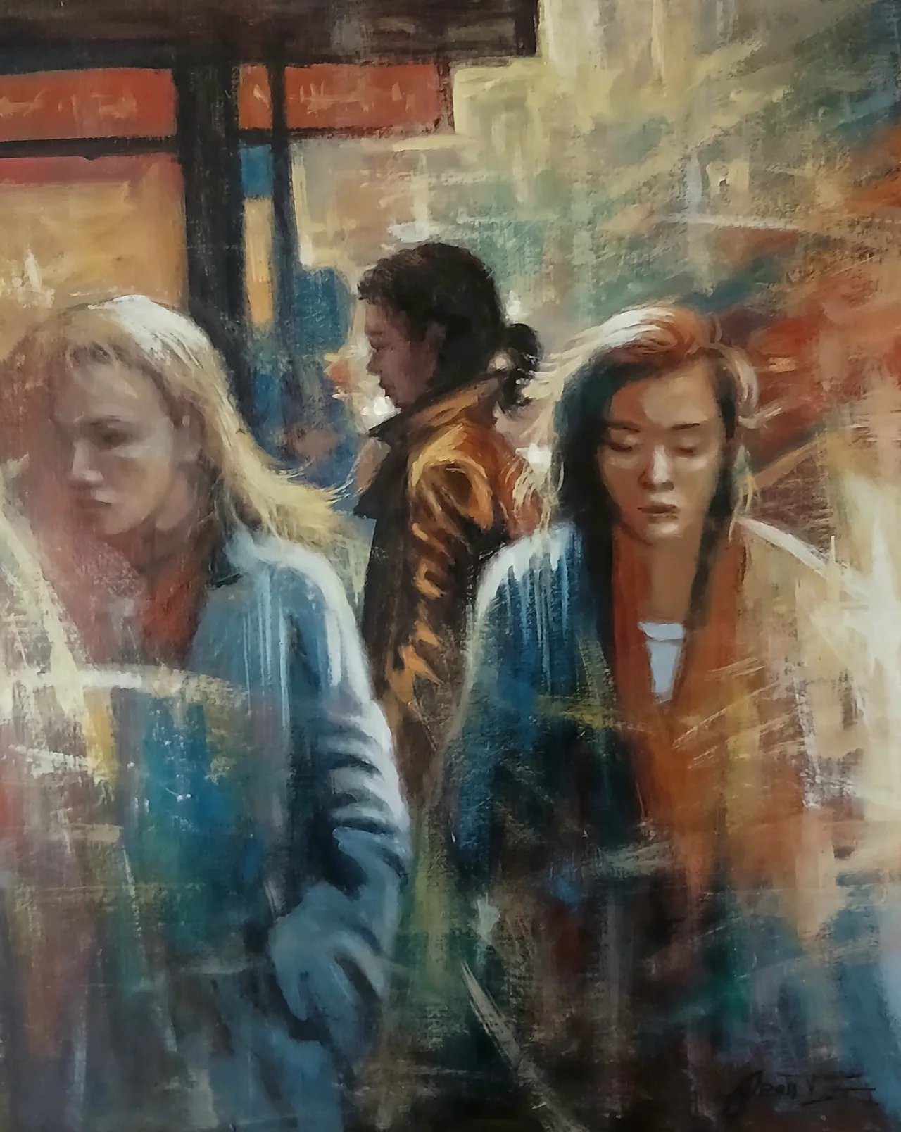 PA3, peinture acrylique contemporaine, scène de passants peinte par Thierry Dupont près de Clisson