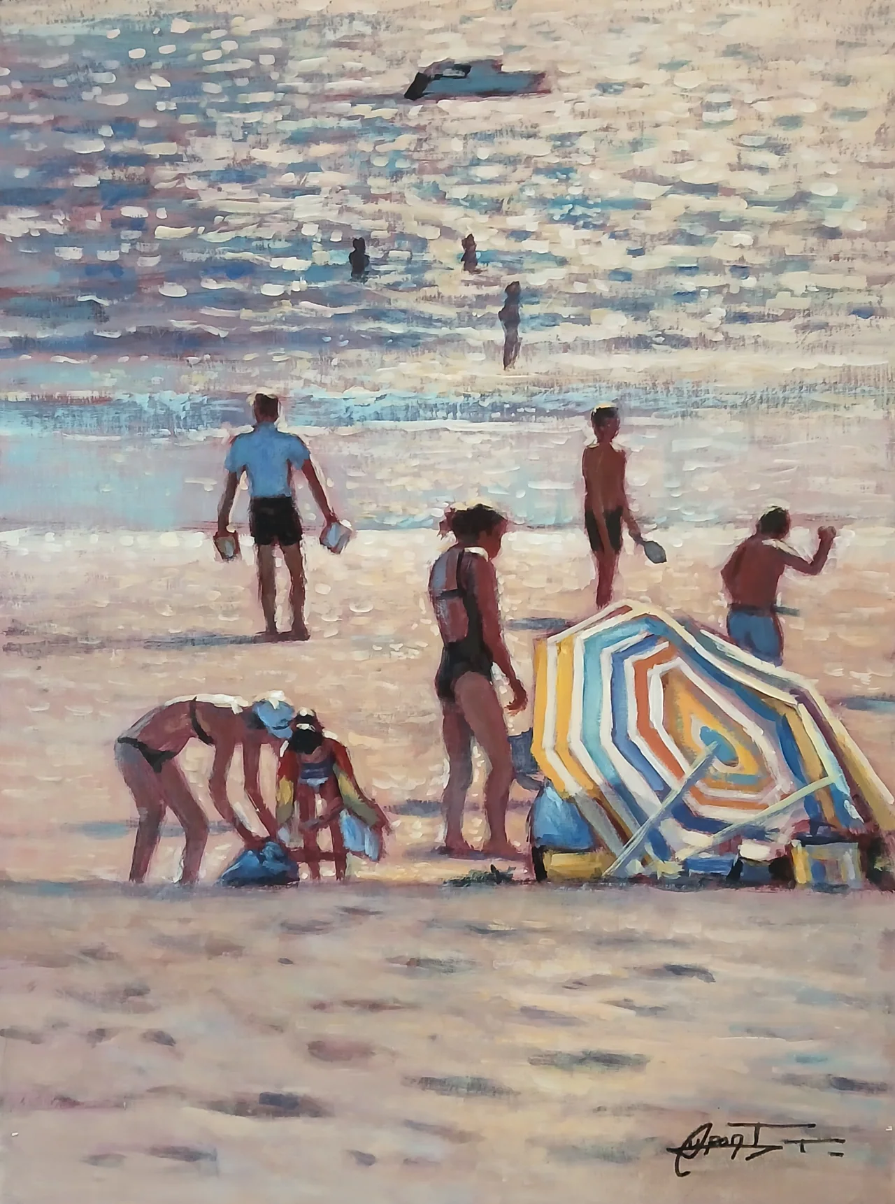 PL57, peinture acrylique contemporaine, scène de plage familiale peinte par Thierry Dupont en Loire-Atlantique