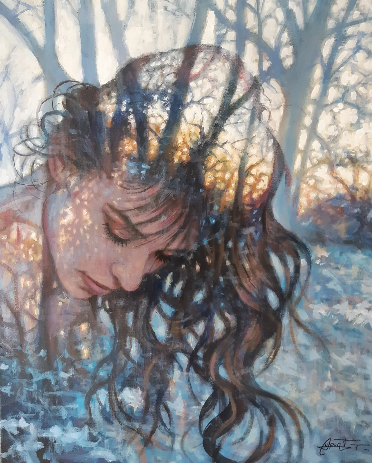 REF RT9, peinture acrylique contemporaine, portrait et lumière végétale par Thierry Dupont près de Clisson
