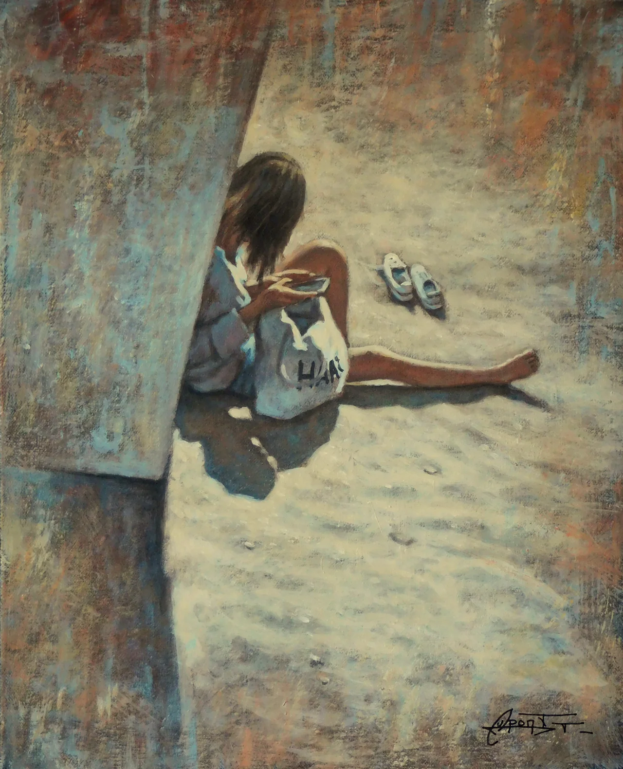 SMS à la plage, peinture acrylique contemporaine, chronique balnéaire de Thierry Dupont en Loire-Atlantique